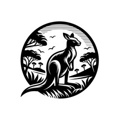 Monochrome kangaroo in nature emblem. isolated vector illustration