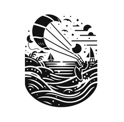 Kite surfing emblem. Monochrome isolated vector illustration