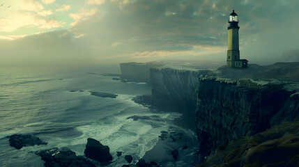 A solitary lighthouse overlooking a rugged coastline