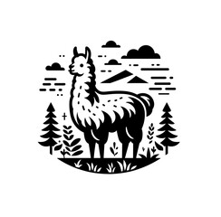 llama or alpaca in nature  monochrome vector isolated emblem illustration