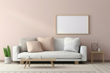 Experience the simplicity of a beige and Scandinavian sofa with a white blank empty frame for copy text, against a soft color wall background. - obrazy, fototapety, plakaty