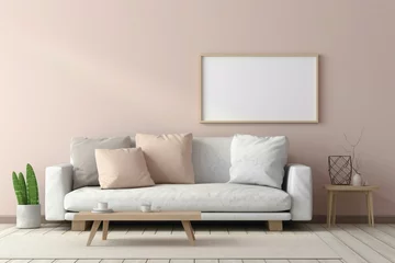 Poster Experience the simplicity of a beige and Scandinavian sofa with a white blank empty frame for copy text, against a soft color wall background. © Hamzaa