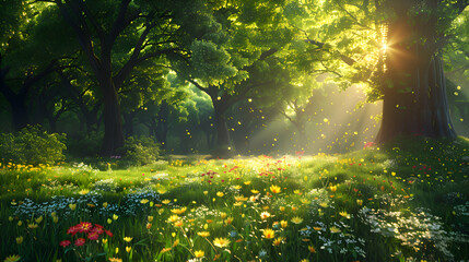 A sunlit clearing filled with wildflowers dancing in the breeze