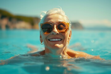 Naklejka premium A joyful elderly woman with sunglasses happily swimming in the sea, embodying leisure and positivity