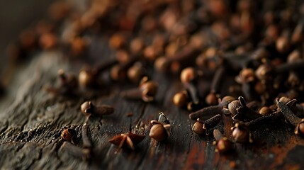 A close-up of cloves scattered on a wooden surface
