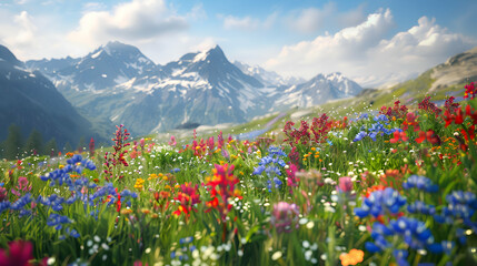 A tranquil alpine meadow carpeted with vibrant wildflowers - obrazy, fototapety, plakaty
