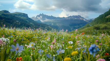 A tranquil alpine meadow carpeted with vibrant wildflowers - obrazy, fototapety, plakaty