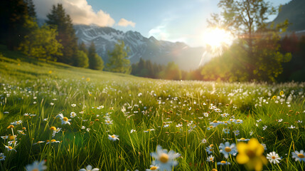 A tranquil alpine meadow kissed by the morning sun - obrazy, fototapety, plakaty