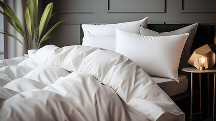 White pillows, duvet and duvet case on a blue bed. White bed linen on a blue sofa. Bedroom with bed and bedding. Messy bed. Front view. - obrazy, fototapety, plakaty