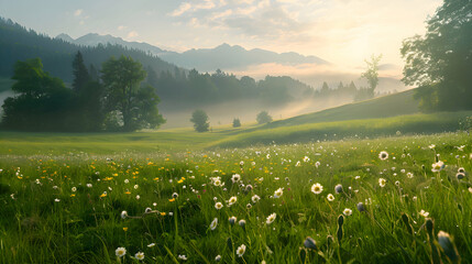 A tranquil alpine meadow kissed by the morning sun - obrazy, fototapety, plakaty