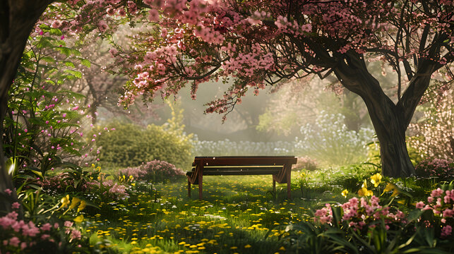 A tranquil bench nestled beneath a canopy of flowering trees