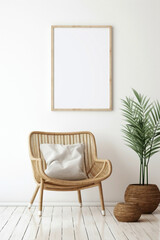 Get lost in the boho vibes modern living space, wicker chair, floor vases, and a blank mockup poster frame against a crisp white wall.