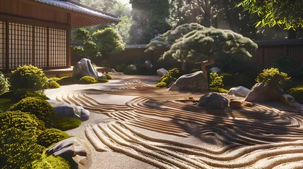 Tafelkleed A tranquil Japanese garden with meticulously raked sand and bonsai trees © Muhammad