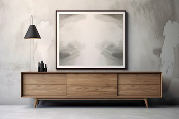 Imagine a modern interior design with a wooden cabinet and dresser against a textured concrete backdrop. A blank poster frame presents an opportunity for your artistic flair.