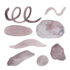 A set of grey watercolor abstract brush strokes, spots and shapes. Hand drawing