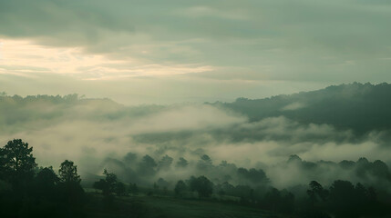 A veil of mist envelops the landscape after a humid storm - obrazy, fototapety, plakaty