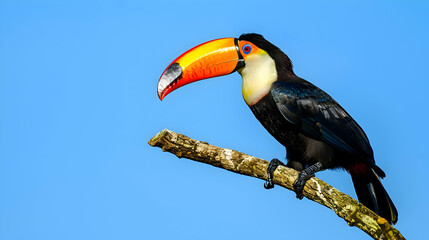 Naklejka premium A vibrant toucan perched on a branch against a clear blue sky