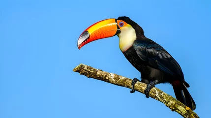 Rolgordijnen A vibrant toucan perched on a branch against a clear blue sky © Muhammad