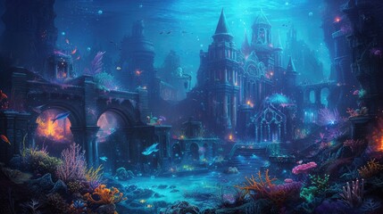 An underwater city with bioluminescent coral, schools of colorful fish, and ancient ruins, all illuminated by the eerie glow of an underwater volcano. Resplendent.