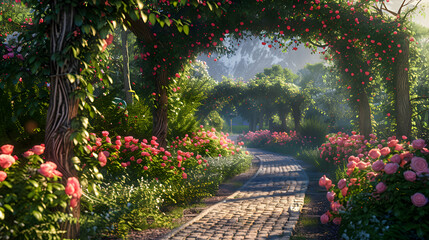 A winding path leading through a fragrant rose garden in bloom
