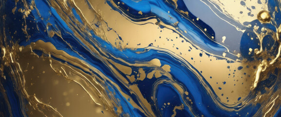 Marble of fluid art with blue and gold colors creating abstract patterns.