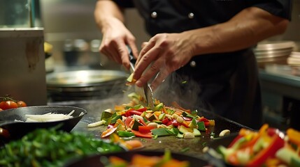 A chef julienning vegetables for a stir-fry - obrazy, fototapety, plakaty