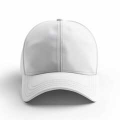 A white baseball cap is placed on a white background, creating a minimalist and clean visual.