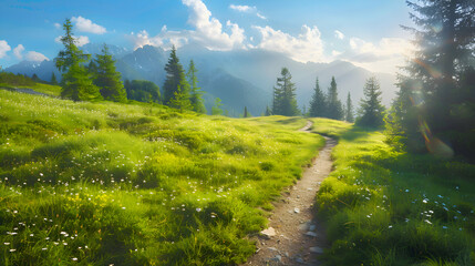 A winding trail through a sun-drenched alpine meadow - obrazy, fototapety, plakaty