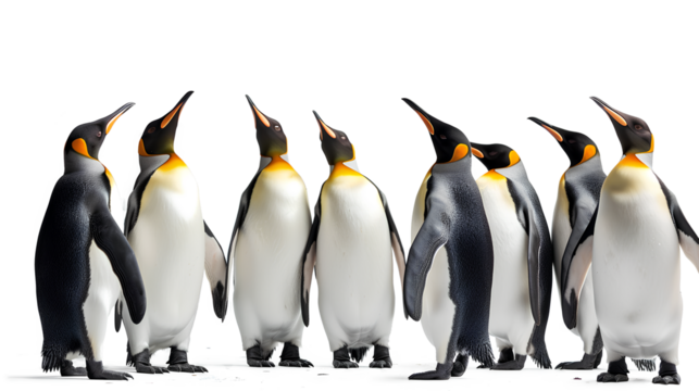 A group of penguins standing isolated on white background