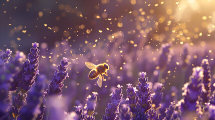 Bees buzzing around a field of blooming lavender - obrazy, fototapety, plakaty
