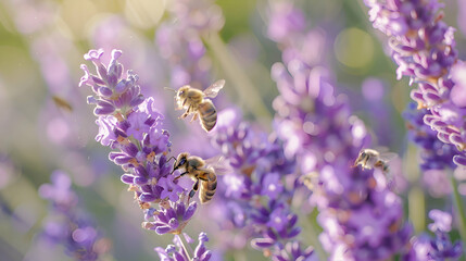 Bees buzzing around a patch of vibrant purple lavender blooms