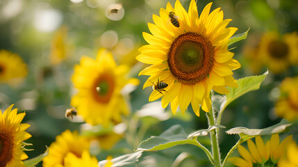 Bees buzzing around vibrant blooming sunflowers in the garden