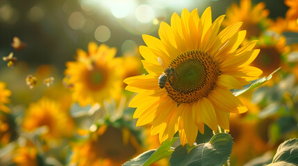Obraz premium Bees buzzing around vibrant blooming sunflowers in the garden
