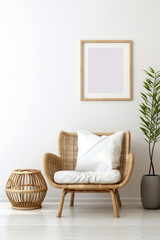 Lose yourself in the boho vibes contemporary living room, wicker chair, floor vases, and a blank mockup poster frame against a crisp white wall.