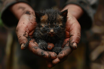 A small, dirty kitten in the palms of a man, a rescued kitten from an earthquake