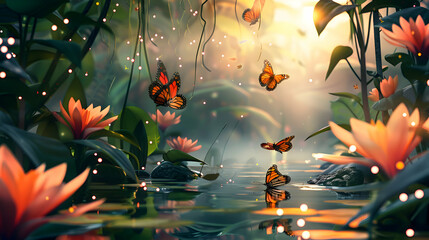 Butterflies fluttering among exotic flowers in a serene setting - obrazy, fototapety, plakaty