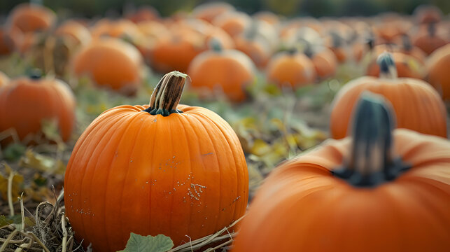 Bright orange pumpkins peeking out from sprawling pumpkin patches
