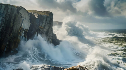 Coastal cliffs battered by relentless waves in a summer squall - obrazy, fototapety, plakaty