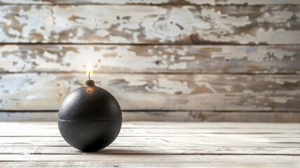 Minimalistic bomb with wick lit on white wood - A minimalist image of a black spherical bomb with an active fuse set on faded white wooden planks - obrazy, fototapety, plakaty