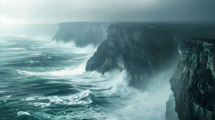 Coastal cliffs battered by relentless waves in a summer squall - obrazy, fototapety, plakaty