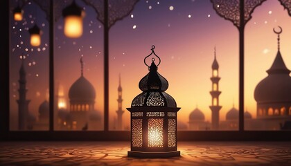 Ramadan Kareem greeting card. Ramadan Kareem background with mosque and lantern.