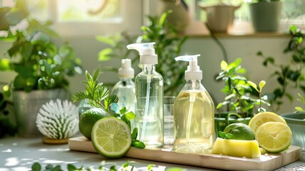 Natural cleaning supplies with citrus elements - Transparent bottles of natural cleaning products, accompanied by slices of lemon and lime, showcasing a chemical-free approach to home hygiene