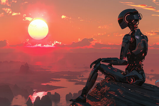 Robot looking at the sunset while sitting on top of a cliff