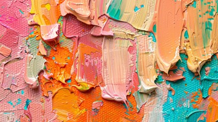Detailed view of a vibrant painting filled with layers of colorful paint, showcasing intricate brush strokes and textures.