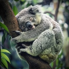 Obraz premium Sleepy koala hugging a tree - Cuddly koala bear sleeping soundly while embracing a tree in its natural habitat