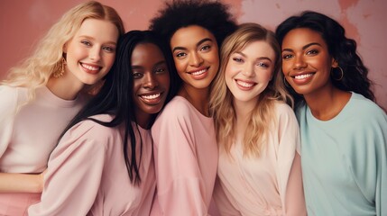 Obraz premium Happy smiling young female models of different nationalities in light monochromatic fashionable clothes, multiethnic female friendship