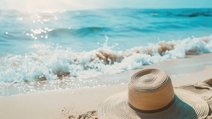 Sunlit hat by the sparkling sea at sunrise - Morning light bathes a straw hat on the beach, near frothy sea waves, symbolizing a fresh start and the tranquil solitude of dawn