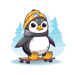 Cute penguin playing skateboard flat Flat vector ill