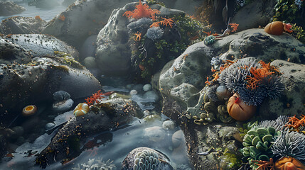 Coastal rocks adorned with tide pool treasures and algae - obrazy, fototapety, plakaty