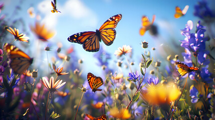 Colorful butterflies fluttering among vibrant wildflowers